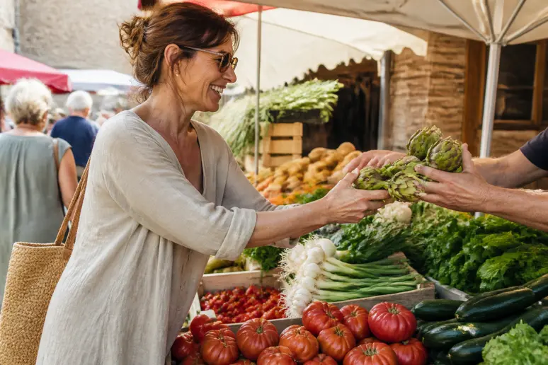Marché local animé à Calvi avec une femme choisissant des fruits frais, reflétant l'ambiance de Calvi.