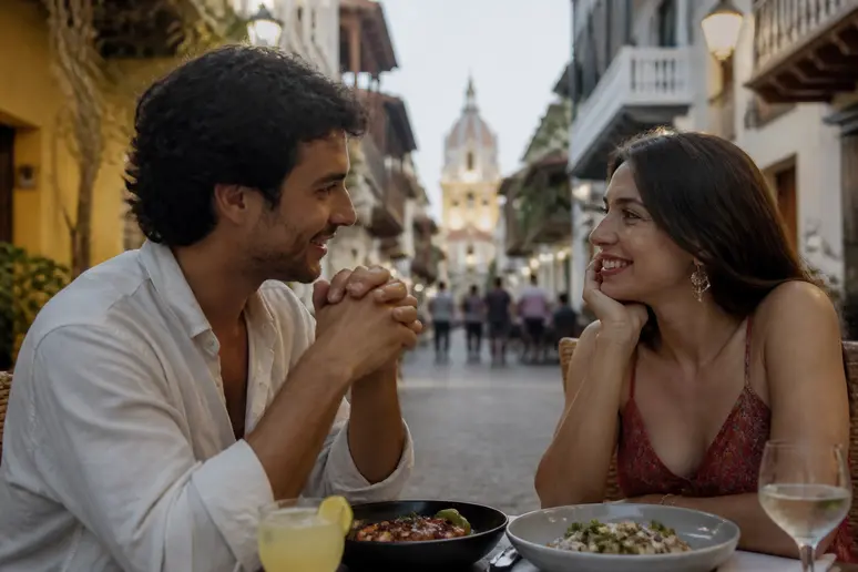 Couple savourant un repas en terrasse à Carthagène Colombie, ambiance locale.