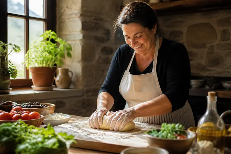 Une femme crétoise prépare des spécialités locales dans une cuisine ensoleillée à Chania Crete.