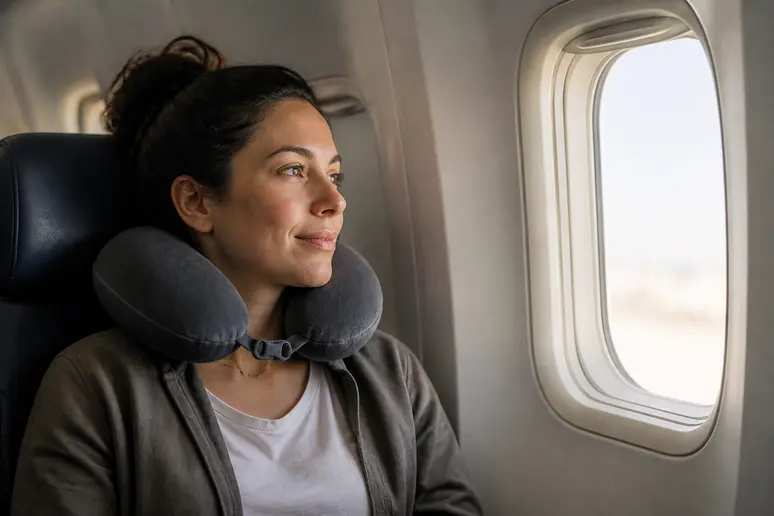 Une femme profitant du confort d'un coussin avion lors d'un vol