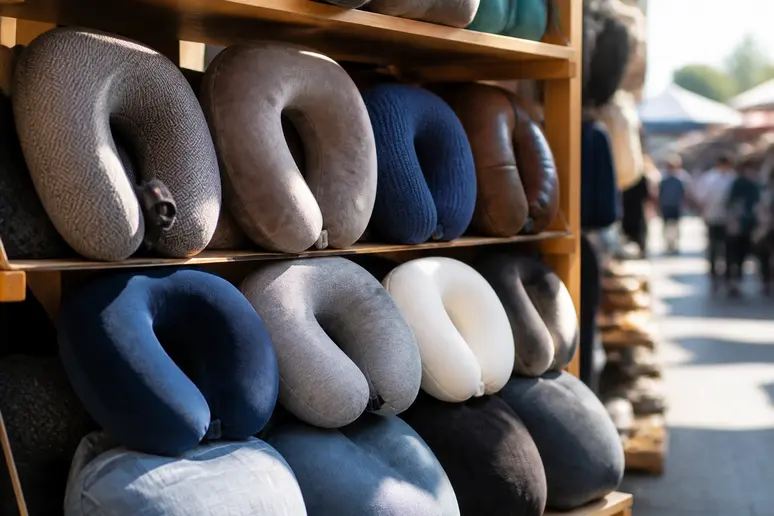 Variété de coussins avion de différents types exposés en magasin