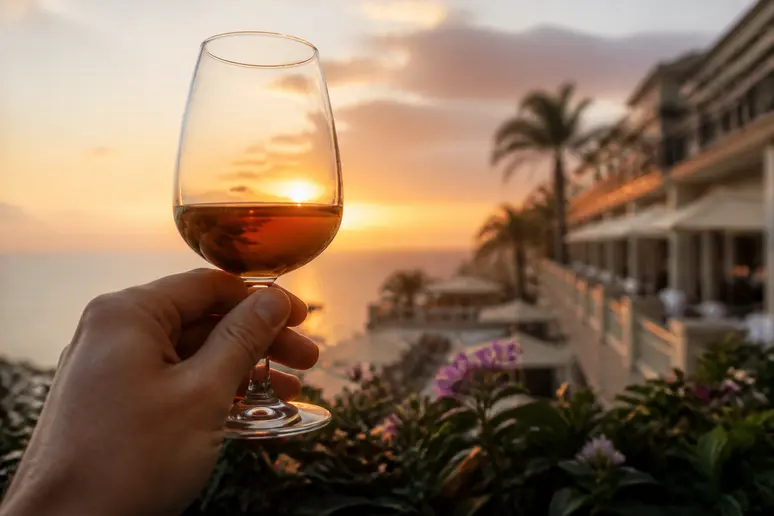 Verre de vin de Madère tenu en main sur une terrasse d'hotel madere au coucher du soleil.
