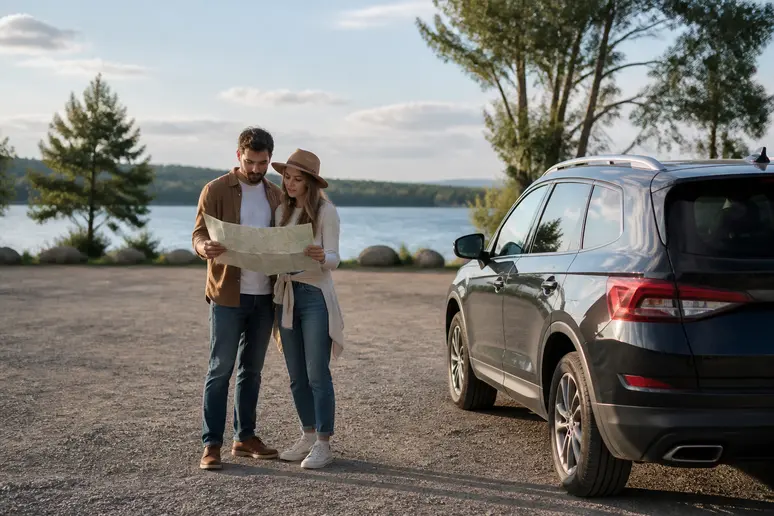Couple consultant un plan à côté de leur voiture, accès au lac de Peyrolles