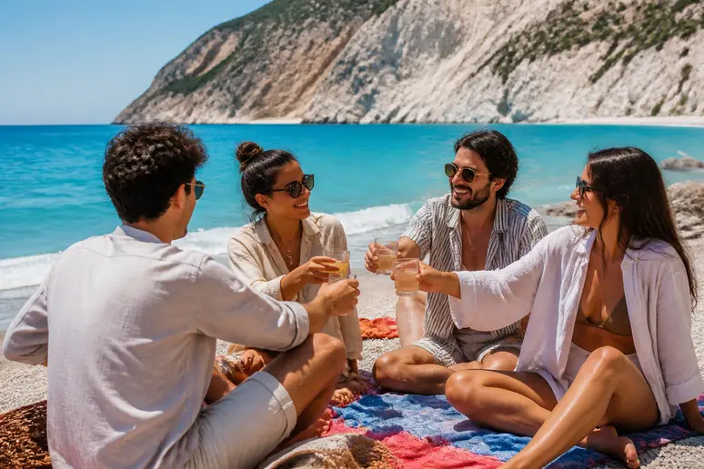 Amis profitant de la plage de Lefkada avec ses eaux turquoises et falaises blanches