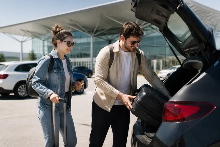 Couple récupérant une voiture de location à l'aéroport de Preveza pour rejoindre Lefkada