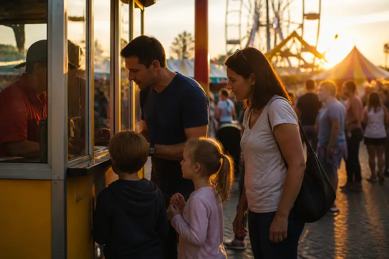 Famille achetant des tickets pour le luna park cap d'agde en début de soirée