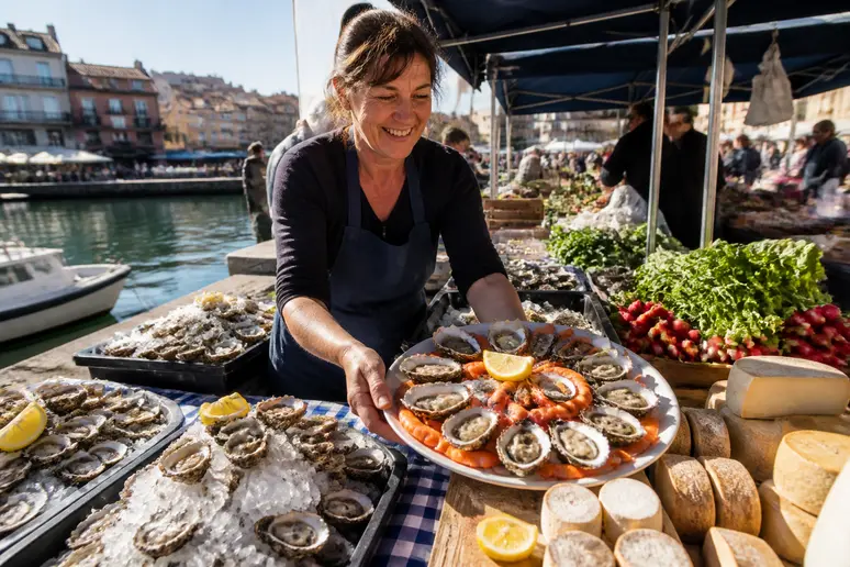 Marché de fruits de mer frais à Sète, une femme prépare des huîtres, dans un restaurant.