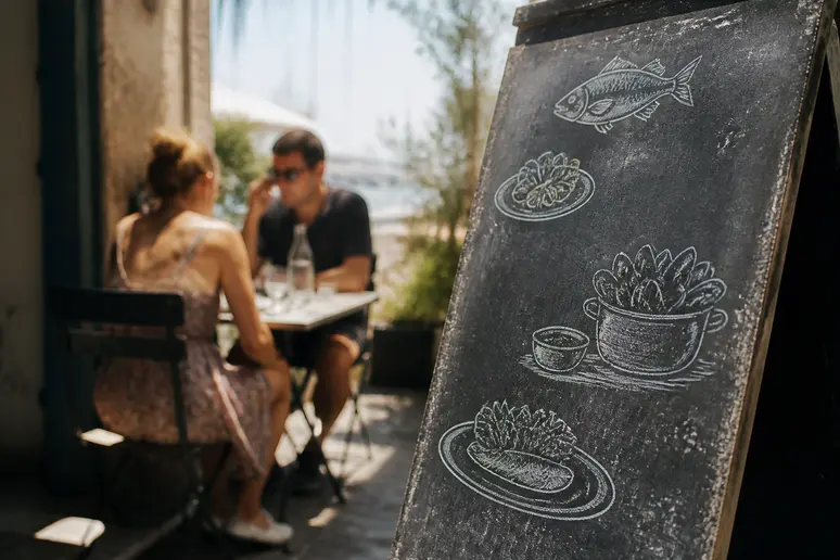 Menu manuscrit d'un petit restaurant de Sète, proposant des spécialités locales.