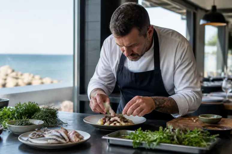 Chef préparant un plat de poisson frais dans un restaurant de Sète, mettant en valeur des produits locaux.
