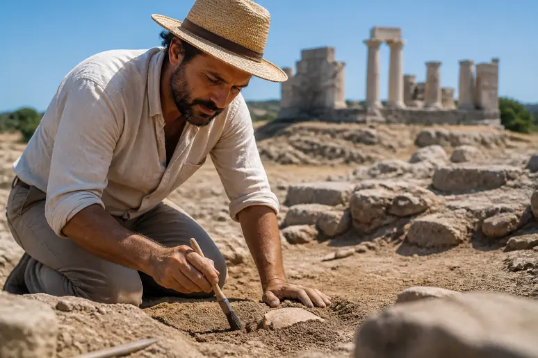 Archéologue découvrant une poterie ancienne sur le site de Samos.