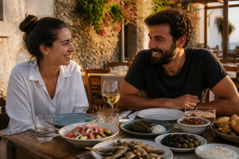 Amis savourant un repas typique sur l'île de Samos.
