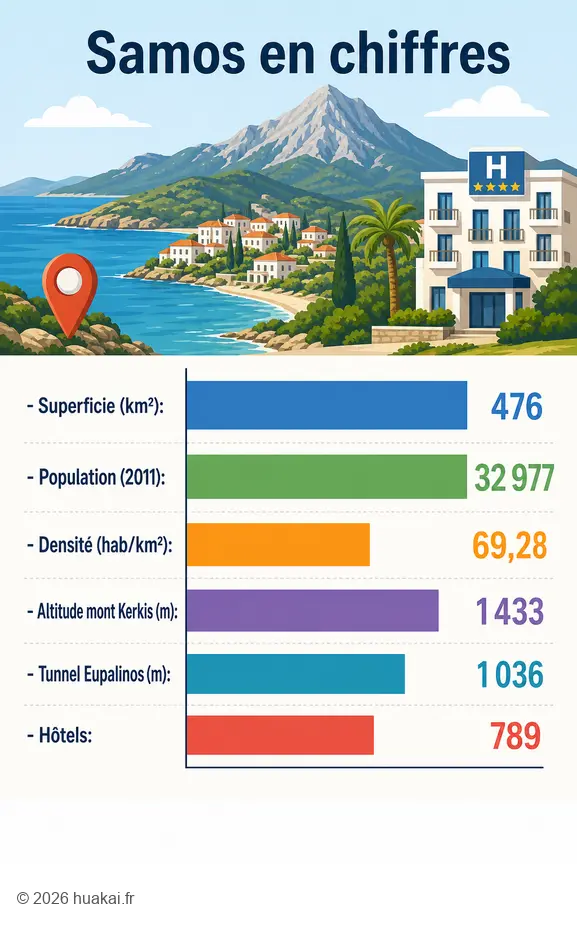 Infographie présentant les données clés de Samos : superficie, population, altitude et infrastructures.
