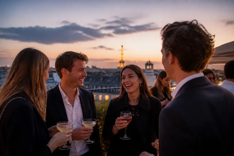 Ambiance conviviale dans un skybar parisien, des amis profitent de cocktails avec vue