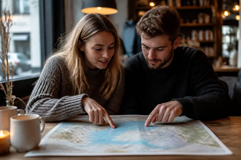 Couple planifiant leur voyage à Tromsø Norvège dans un café confortable.