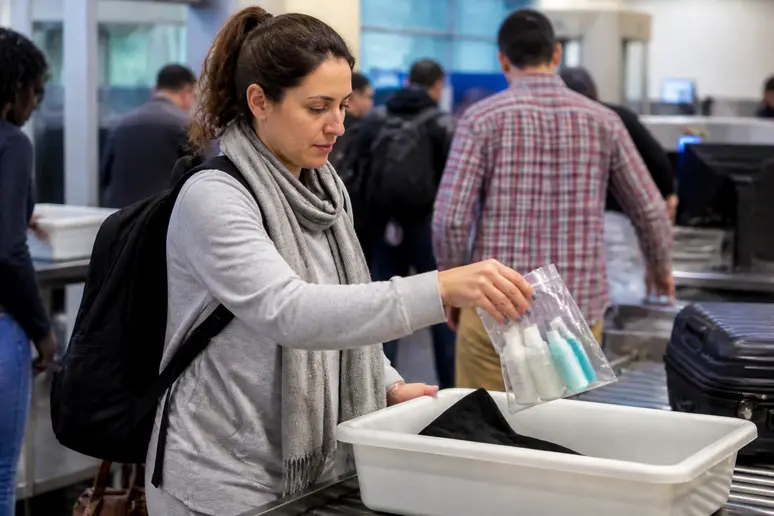 Contrôle de sécurité pour un bagage cabine Air France : une femme prépare ses affaires.