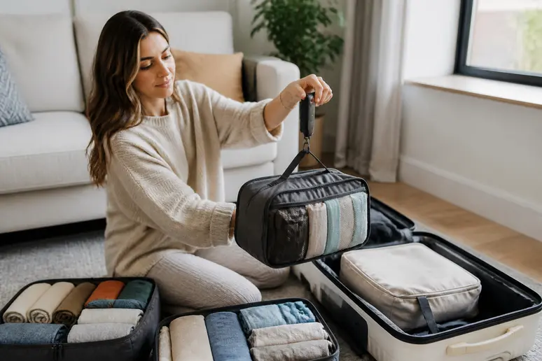 Optimisation de la valise cabine Air France : pesée des affaires avant le voyage.