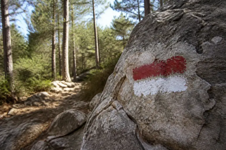 Balisage officiel rouge et blanc peint sur la roche le long du sentier de la calanque de sugiton