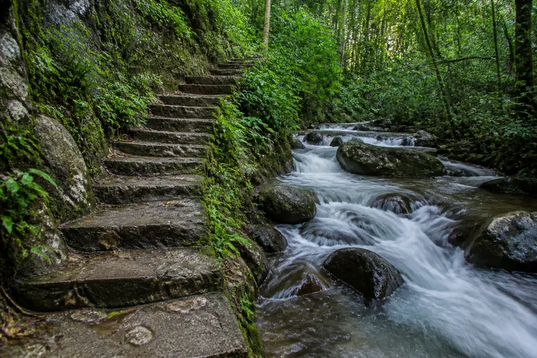 Escalier en pierre escarpé longeant le sentier des cascades