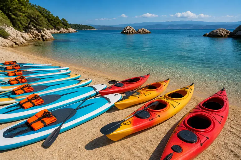Planches de paddle et kayaks de location alignés sur la plage de Campomoro