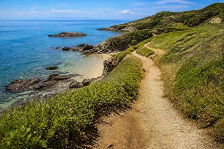 Petite crique sauvage bordée de rochers le long du littoral préservé de la réserve naturelle.