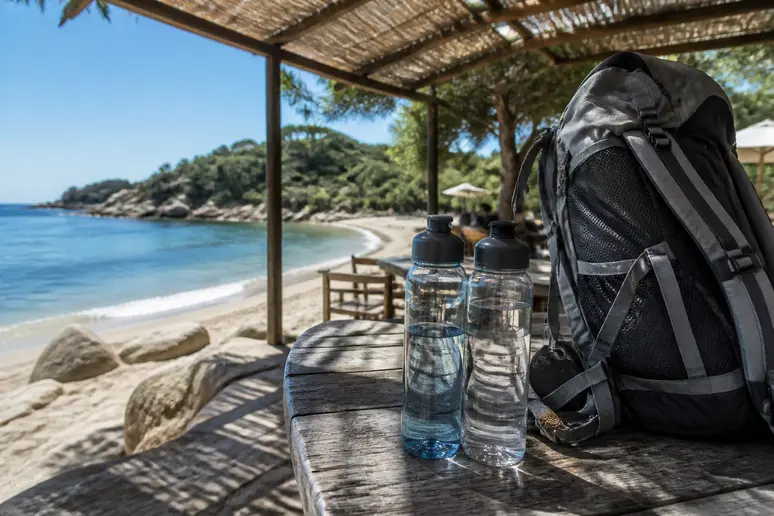 Gourdes et équipement de randonnée nécessaires pour visiter la plage du Lotu